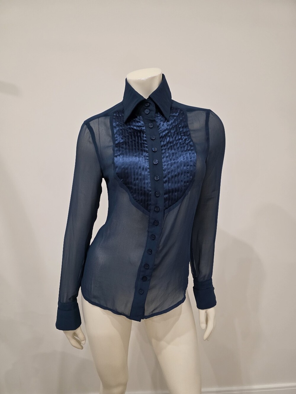 Rare Kor@Kor Sheer Dark Turquoise Satin Pleated Bib Button Down Blouse - Picture 3 of 14